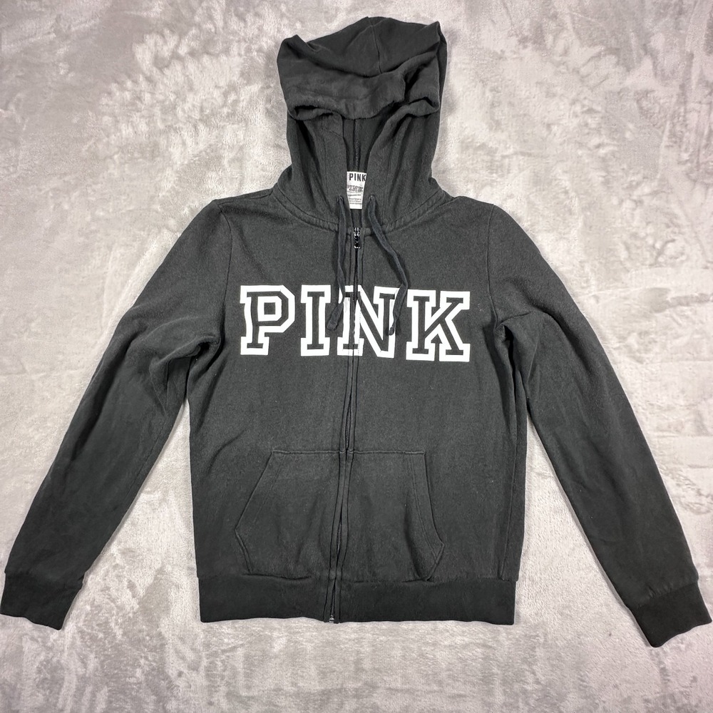 PINK Victorias Secret Hoodie Womens Size XS Black Fleece Lined Full Zip Top VTG